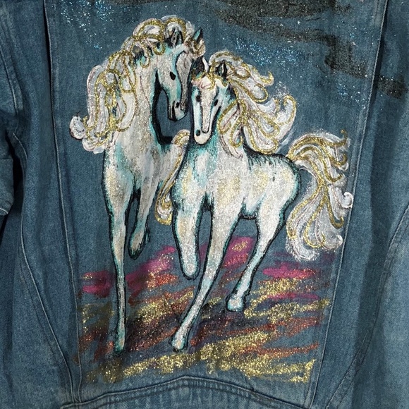 Denim Jean Jacket Hand Painted Elco Two Horses LG